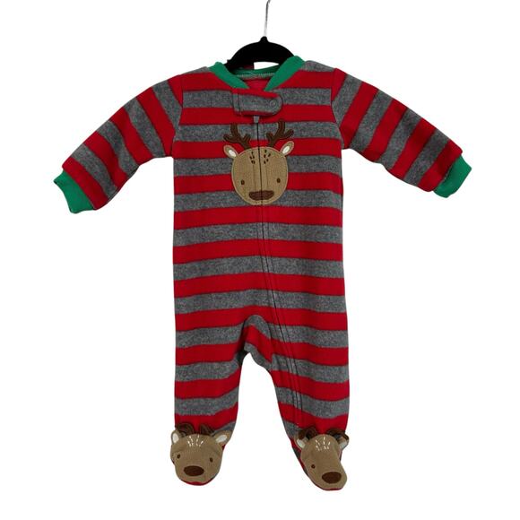 Just One You Carter's Boys Red Gray Striped Reindeer Christmas Footie Pajamas NB - Picture 2 of 5